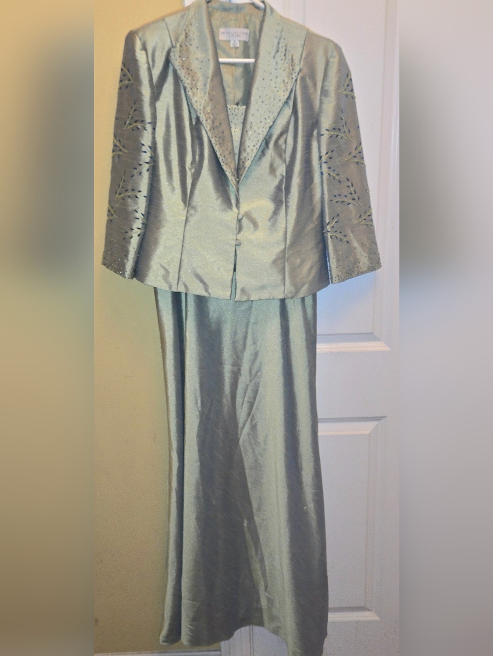 KM Collection Women's Sage Green Embellished Two-Piece Dress Evening Gown Jacket